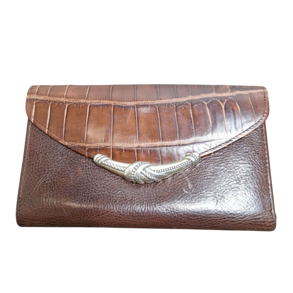 Brighton Brown Leather Crocodile Embossed Bifold Crossbody Wallet Silver Knot
